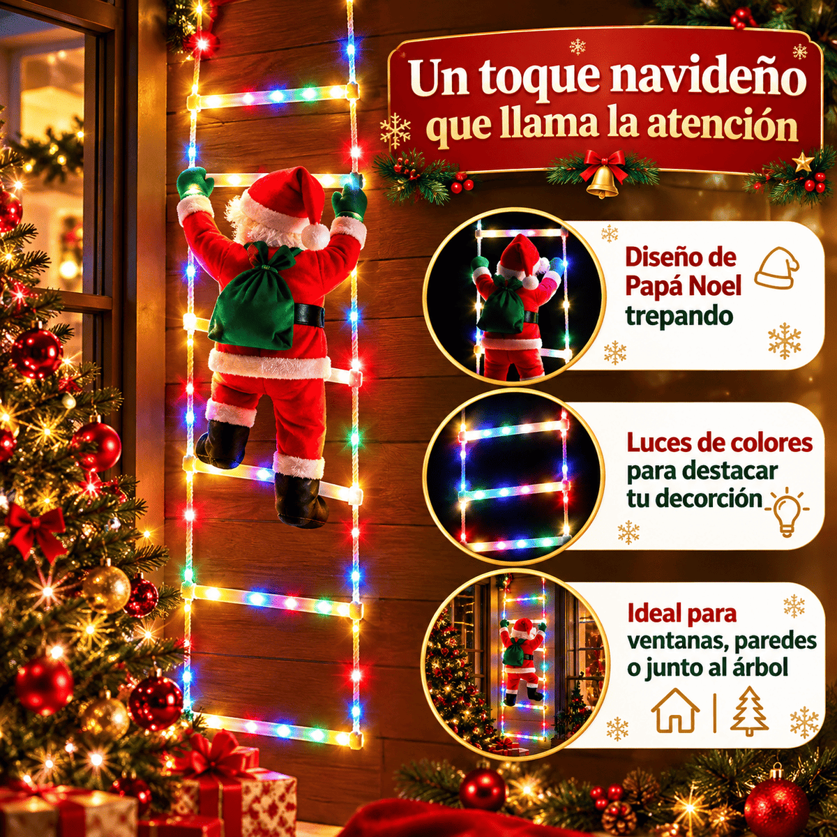 Papa Noel con escalera de Luces 2 Metros