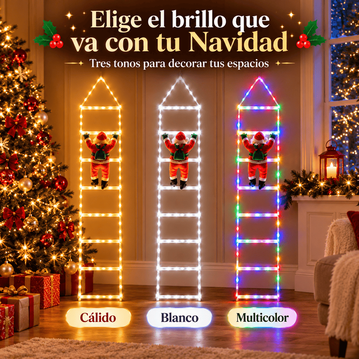Papa Noel con escalera de Luces 2 Metros