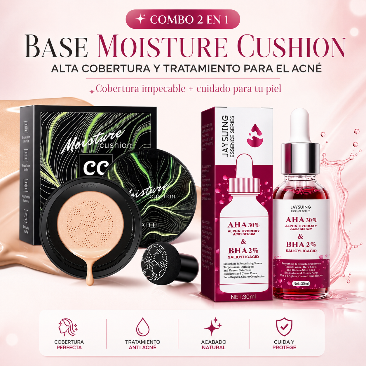 Combo Rostro Perfecto Base Moisture Cushion + Tratamiento Para El Acne